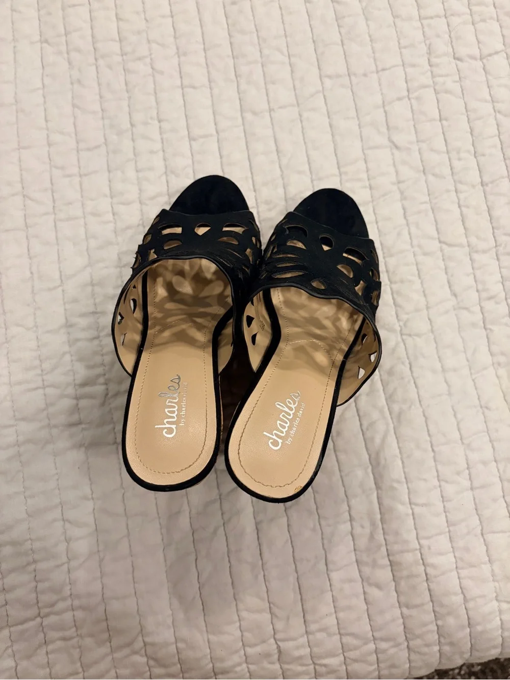 Charles David Black Cutout Cork Wedge Mules 8